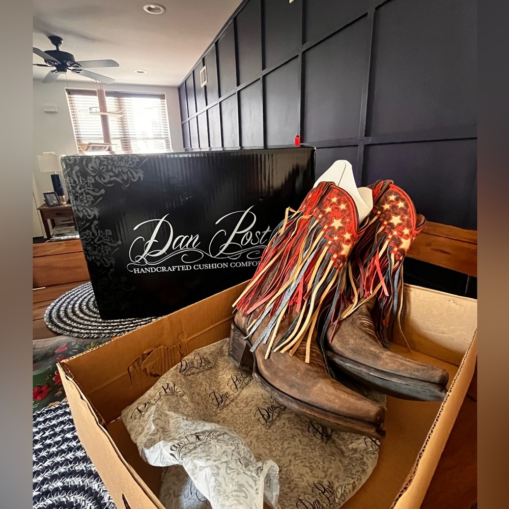 Dan Post Brown Leather Cowboy Boots with Red and Blue Fringe